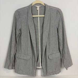 Eileen Fisher Grey White Striped Organic Cotton Linen Open Front Blazer PS